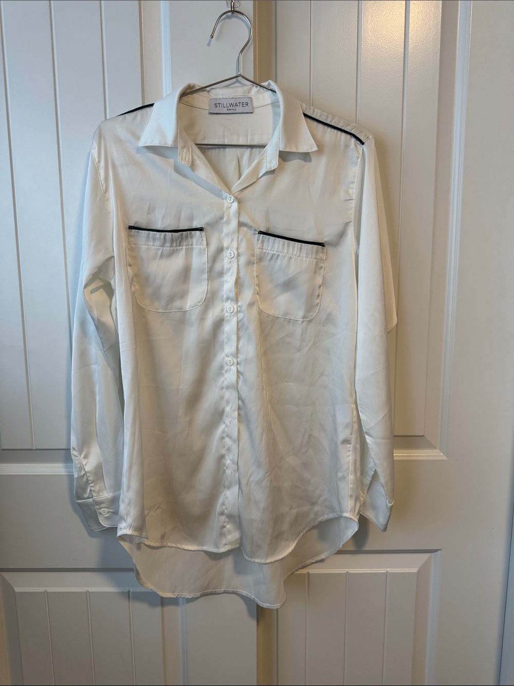 Stillwater Women's White Button-Down Shirt with Black Trim